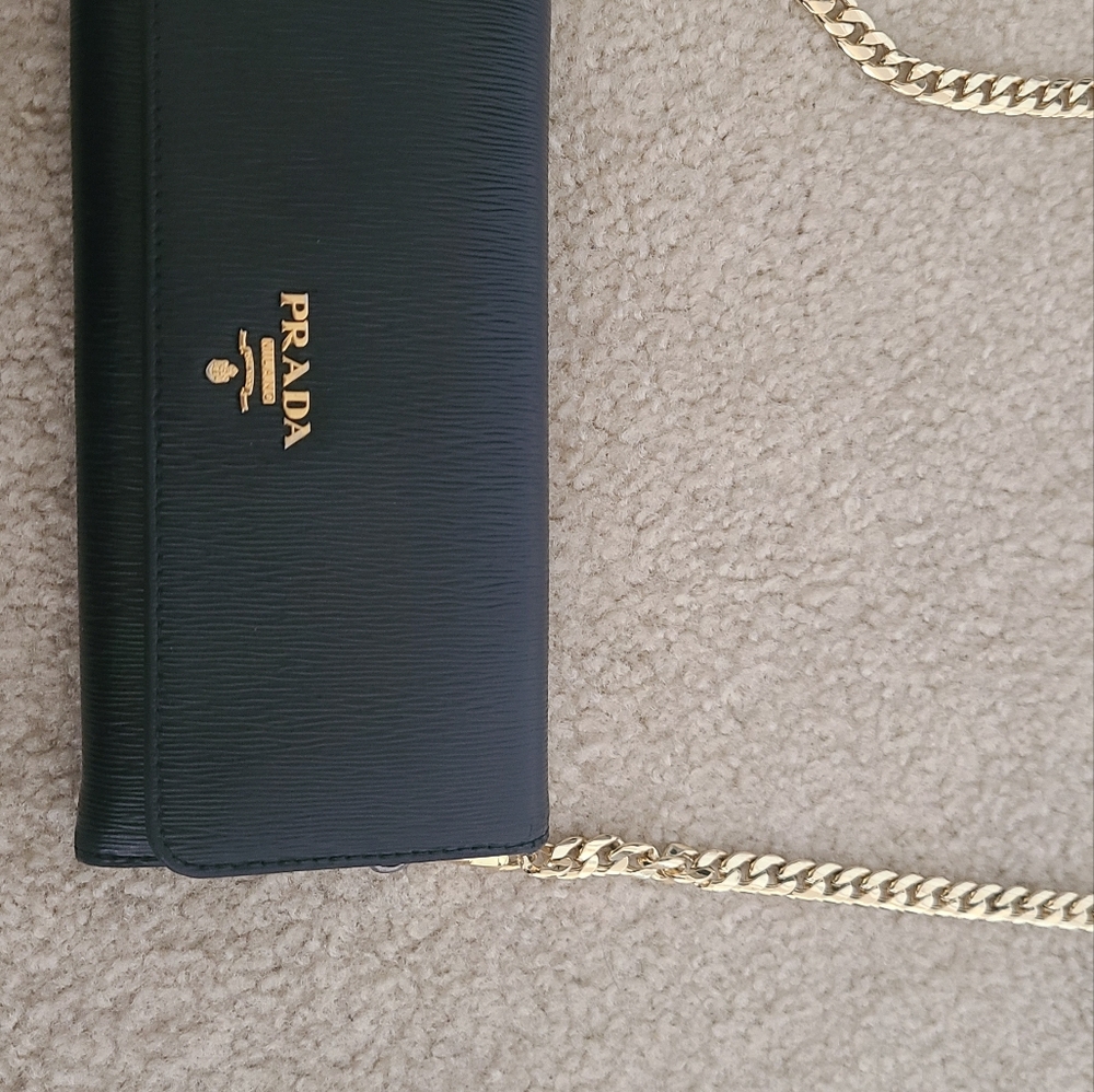 Prada Y2K Saffiano Black / Gold-Tone Flap Belt Bag / Wallet on Chain ID Wallet